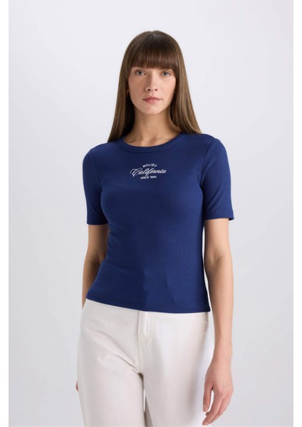 Slim Fit Dar Kesim Bisiklet Yaka Baskılı Fitilli Kaşkorse Kısa Kollu Tişört E5070AX25SP