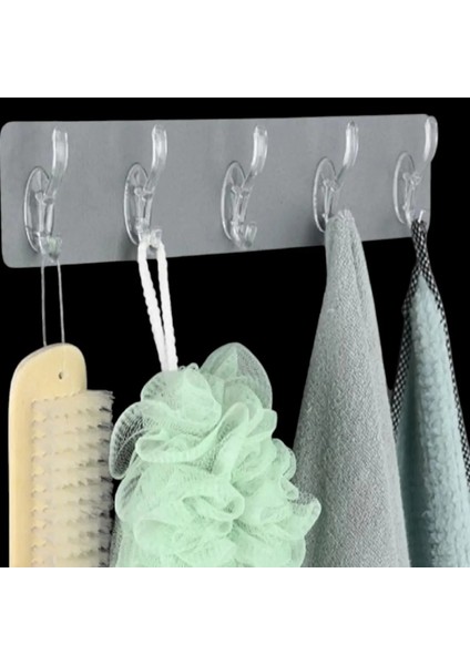 Kendinden Yapışkanlı 5'li Güçlü Şeffaf Askılık - Kapı Arkası Banyo Mutfak Duvar Askı