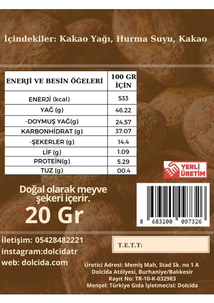 Bitter Çikolata (Şekersiz,Glütensiz,Vegan) 3 Adet 20 gr
