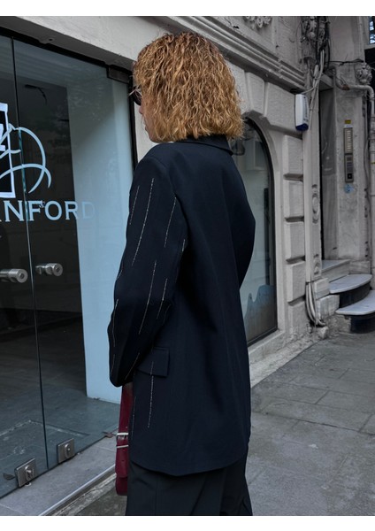 Premium Astarlı Vatkalı Parlak Taşlı Süit Düğmeli Blazer Ceket