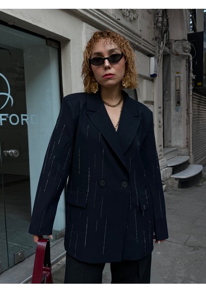 Premium Astarlı Vatkalı Parlak Taşlı Süit Düğmeli Blazer Ceket
