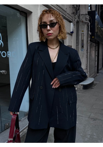 Premium Astarlı Vatkalı Parlak Taşlı Süit Düğmeli Blazer Ceket