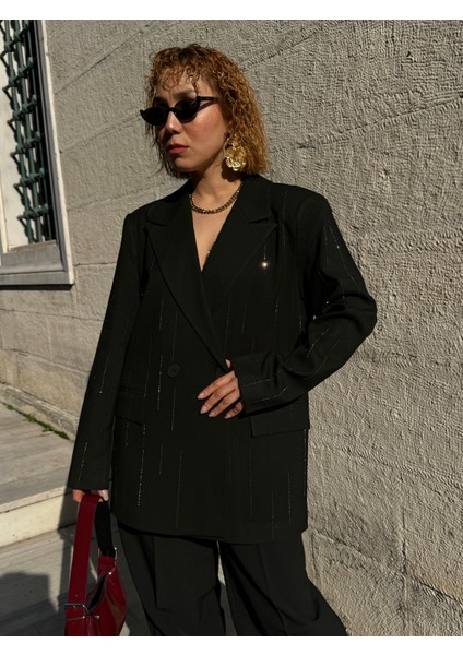 Premium Astarlı Vatkalı Parlak Taşlı Süit Düğmeli Blazer Ceket