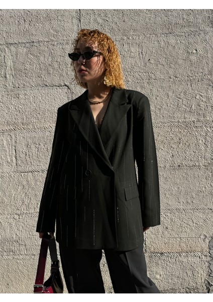 Premium Astarlı Vatkalı Parlak Taşlı Süit Düğmeli Blazer Ceket