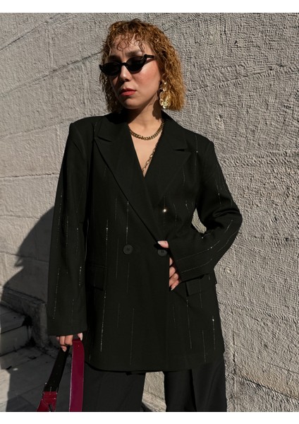 Premium Astarlı Vatkalı Parlak Taşlı Süit Düğmeli Blazer Ceket