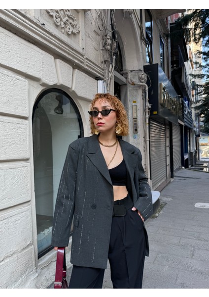 Premium Astarlı Vatkalı Parlak Taşlı Süit Düğmeli Blazer Ceket