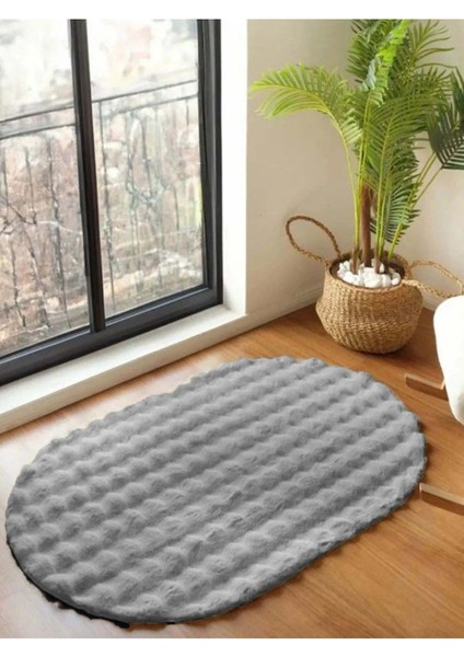 Bubble Tavşan Tüyü gri Oval Ekstra Yumuşak Dokulu Peluş Halı