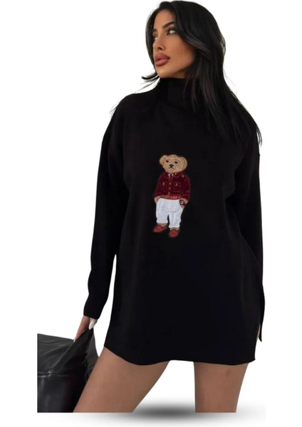 Ayıcıklı Kazak - Balıkçı Yaka Teddy Bear Aplikli Oversize Kadın Triko Kazak Siyah