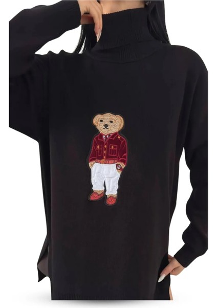 Ayıcıklı Kazak - Balıkçı Yaka Teddy Bear Aplikli Oversize Kadın Triko Kazak Siyah