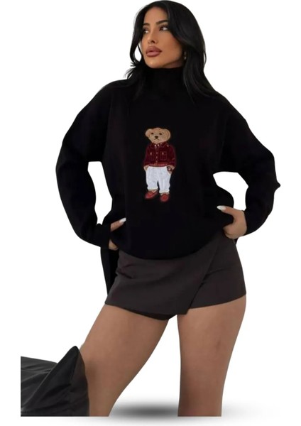 Ayıcıklı Kazak - Balıkçı Yaka Teddy Bear Aplikli Oversize Kadın Triko Kazak Siyah