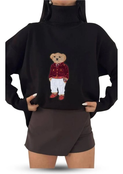 Ayıcıklı Kazak - Balıkçı Yaka Teddy Bear Aplikli Oversize Kadın Triko Kazak Siyah