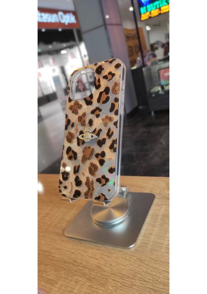 Apple iPhone 15 Uyumlu Leopar Tasarım Kılıf Taşlı Askılı Kapak Darbe Korumalı Hologram Kapak
