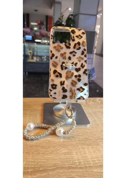 Apple iPhone 15 Uyumlu Leopar Tasarım Kılıf Taşlı Askılı Kapak Darbe Korumalı Hologram Kapak modelleri