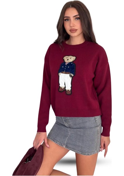 Teddy Bear Ayıcık Desenli Standart Beden Triko Bordo Kadın Kazak