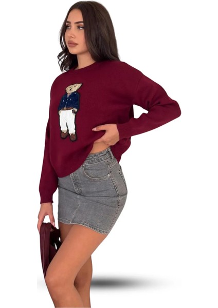 Teddy Bear Ayıcık Desenli Standart Beden Triko Bordo Kadın Kazak fiyatları