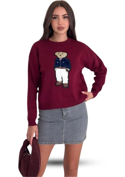 Teddy Bear Ayıcık Desenli Standart Beden Triko Bordo Kadın Kazak modelleri