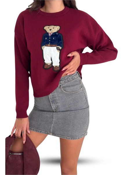 Teddy Bear Ayıcık Desenli Standart Beden Triko Bordo Kadın Kazak fırsatları