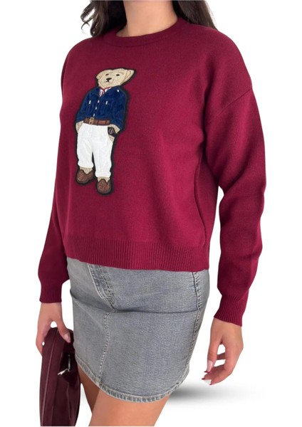 Teddy Bear Ayıcık Desenli Standart Beden Triko Bordo Kadın Kazak indirimleri
