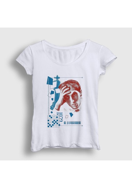 Kadın Beyaz Bobby Robert James Fischer Satranç T-Shirt