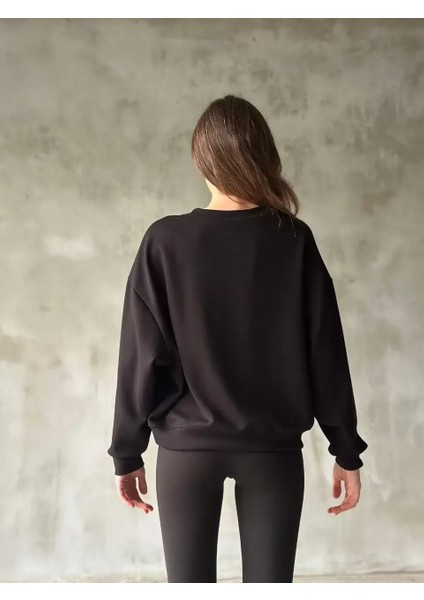 Osy Modal Yumuşak Dokulu Kumaş Bisiklet Yaka Oversize Sweatshirt - Siyah