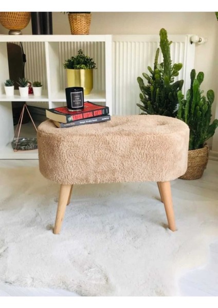Ahşap Ayaklı Handmade Geniş Oturum Krem Welsoft Kumaş Pofidik Puf Bench ,ayak Ucu Uzatmalık,berjer