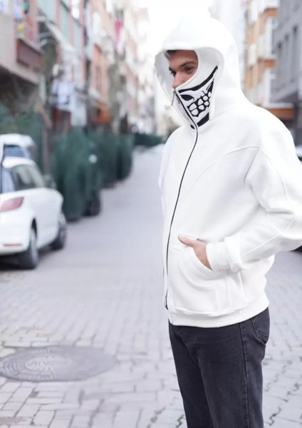 Samuray Kapşonlu Zıp Fermuarlı Çift Kapşonlu Nakışlı Sweatshirt- Beyaz