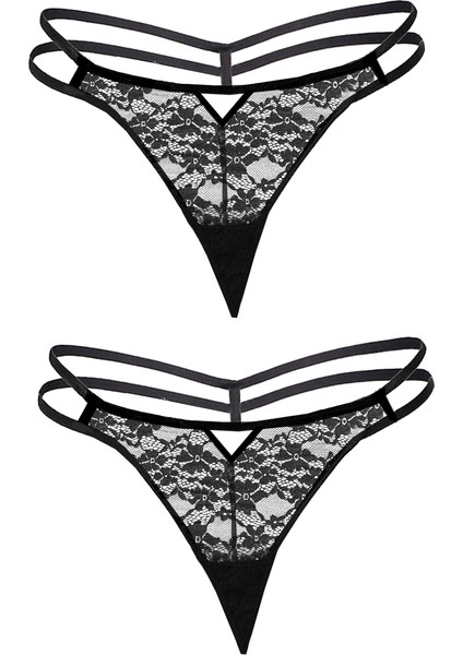 Mina Özel Tasarım Siyah Ipli Dantelli String Külot 2li