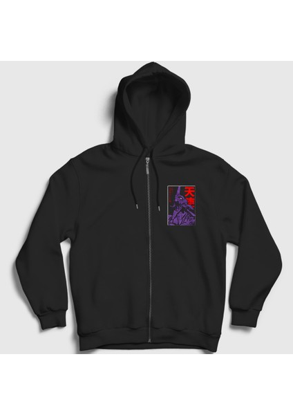 Unisex Siyah Eva 01 V2 Neon Genesis Evangelion Anime Fermuarlı Kapüşonlu Sweatshirt