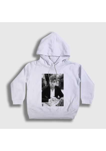 Unisex Çocuk Beyaz Magnus Carlsen Büyükusta Satranç Kapüşonlu Sweatshirt