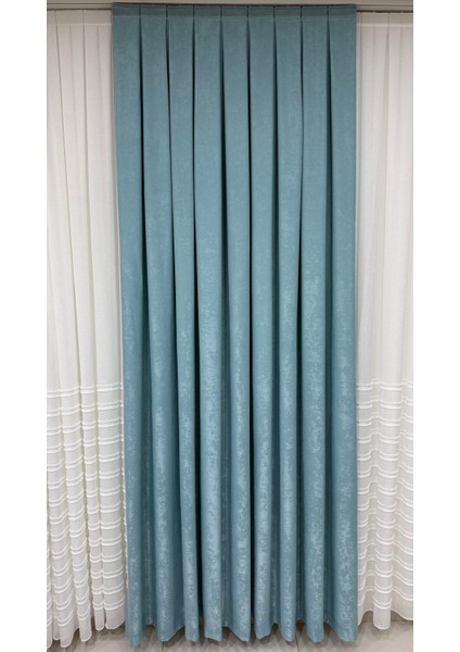 Kadife Dokulu Lüks Fon Perde Açık Turkuaz Sık Pile (Tek Kanat)