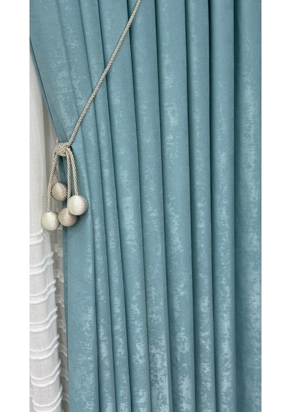 Kadife Dokulu Lüks Fon Perde Açık Turkuaz Sık Pile (Tek Kanat) fırsatları