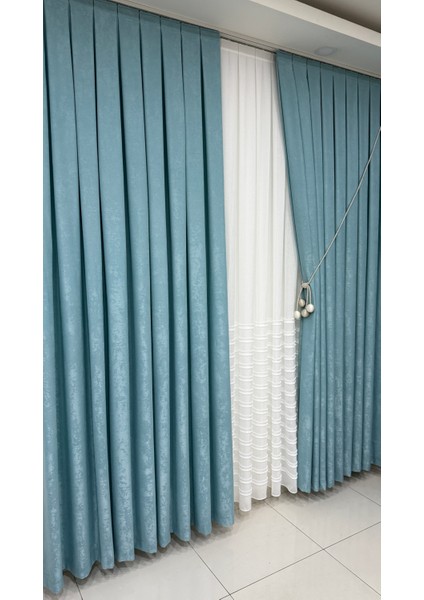 Kadife Dokulu Lüks Fon Perde Açık Turkuaz Sık Pile (Tek Kanat) fiyatları