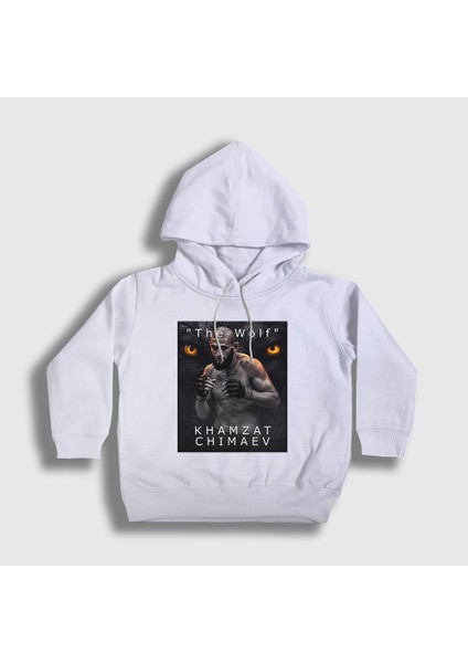 Unisex Çocuk Beyaz Wolf Kurt Khamzat Chimaev Mma Ufc Kapüşonlu Sweatshirt
