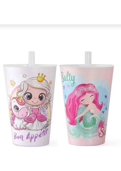 2 Adet Desenli Plastik Kendinden Pipetli Bardak