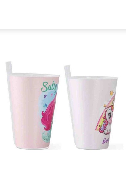 2 Adet Desenli Plastik Kendinden Pipetli Bardak