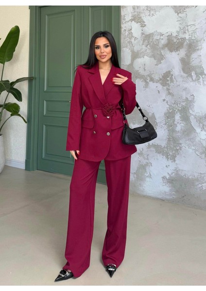 Kadın Gül Kemer Detaylı Palazzo Takım Elbise