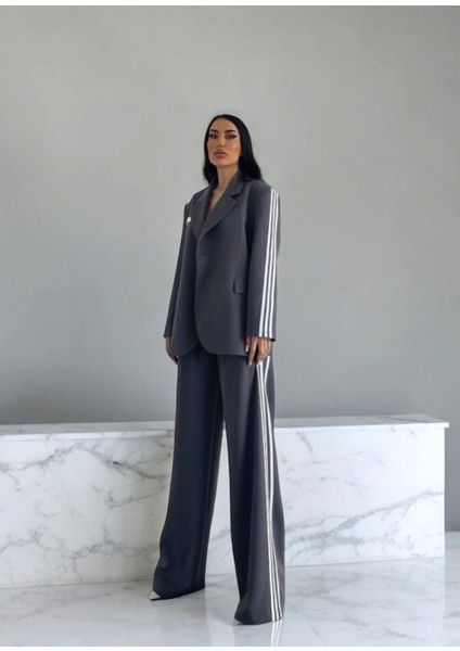 Melina Gri Beyaz Biyeli Tasarım Pantolon Ceket Takım modelleri