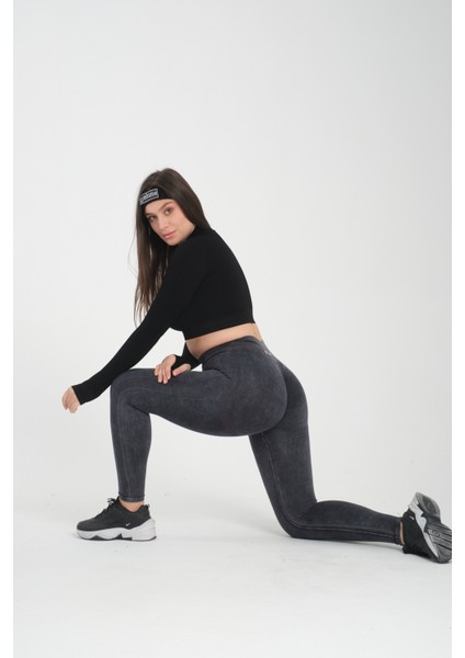 Asit Yıkama Desenli Kalçası Büzgülü Push Up Kalça Şekillendirici Tayt Fitness Yoga Yüksek Bel Tayt