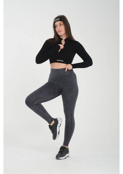 Asit Yıkama Desenli Kalçası Büzgülü Push Up Kalça Şekillendirici Tayt Fitness Yoga Yüksek Bel Tayt