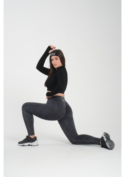 Asit Yıkama Desenli Kalçası Büzgülü Push Up Kalça Şekillendirici Tayt Fitness Yoga Yüksek Bel Tayt
