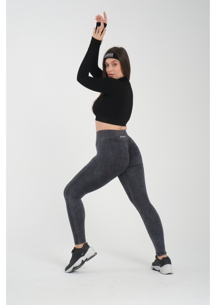 Asit Yıkama Desenli Kalçası Büzgülü Push Up Kalça Şekillendirici Tayt Fitness Yoga Yüksek Bel Tayt