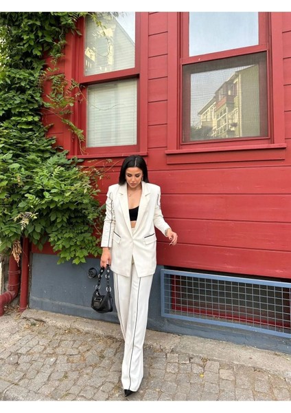 Kadın Çizgi Detaylı Blazer Ceket Palazzo Pantolon Takım Elbise modelleri