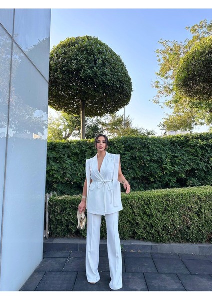Kadın Oversize Bağlamalı Tasarım Yelek Pantolon Takım Elbise