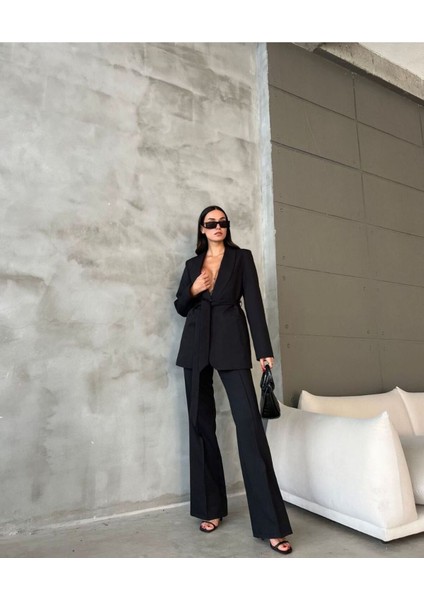 Kadın Kuşaklı Blazer Ceket Bol Paça Pantolon Takım fiyatları