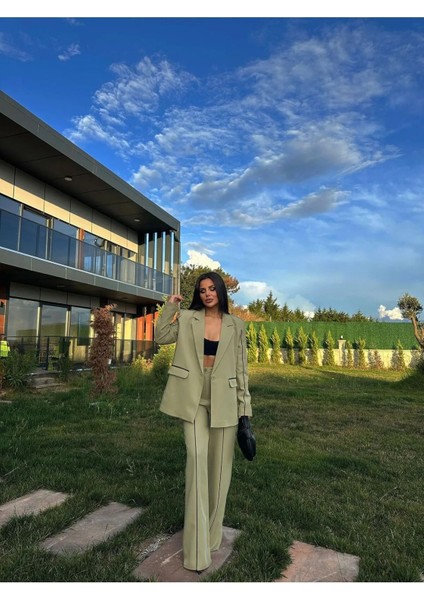 Kadın Çizgi Detaylı Blazer Ceket Palazzo Pantolon Takım Elbise
