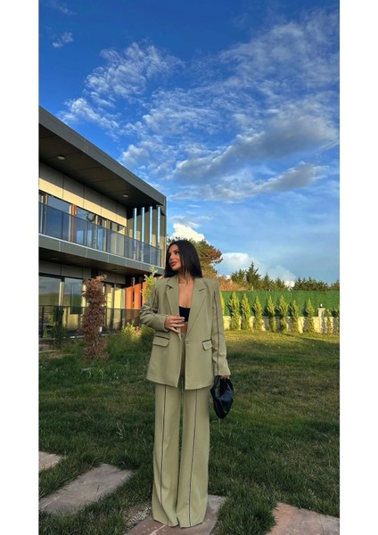 Kadın Çizgi Detaylı Blazer Ceket Palazzo Pantolon Takım Elbise modelleri