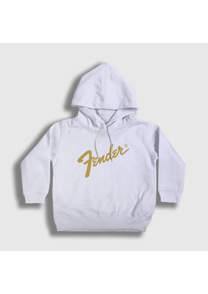 Unisex Çocuk Beyaz Logo Fender Gitar Gitarist Kapüşonlu Sweatshirt