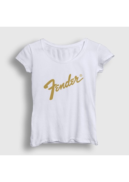 Kadın Beyaz Logo Fender Gitar Gitarist T-Shirt