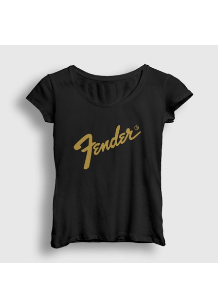 Kadın Siyah Logo Fender Gitar Gitarist T-Shirt