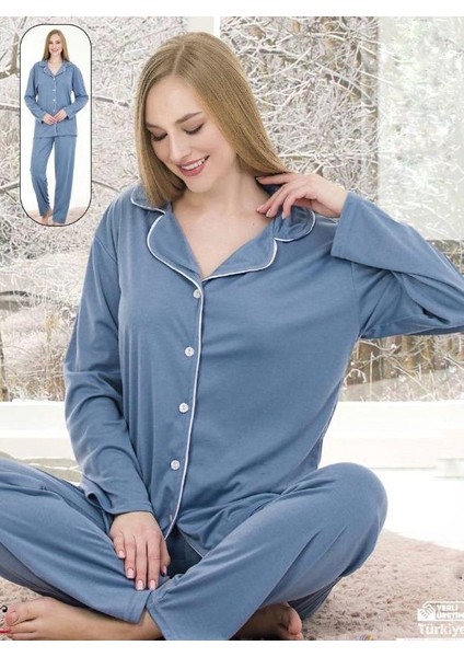 Kadın Pijama Takımı Interlok Pamuklu Kumaş Geniş Kalıp Biyeli